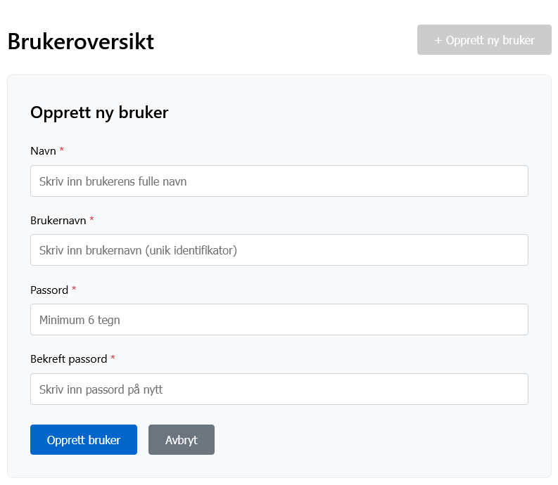 Admin: opprett bruker